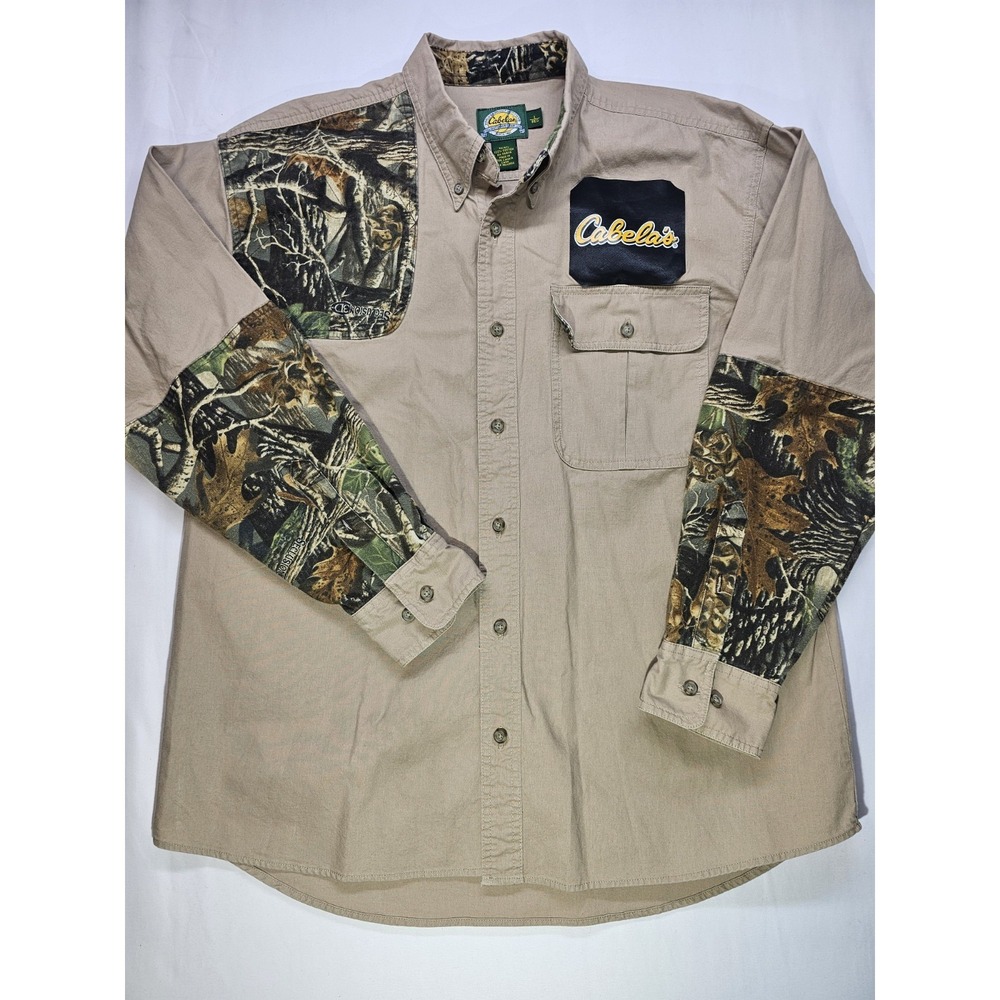 Cabela's Men's Canvas Shirt Camo Sleeves Padded Shoulder Button Front Hunting L